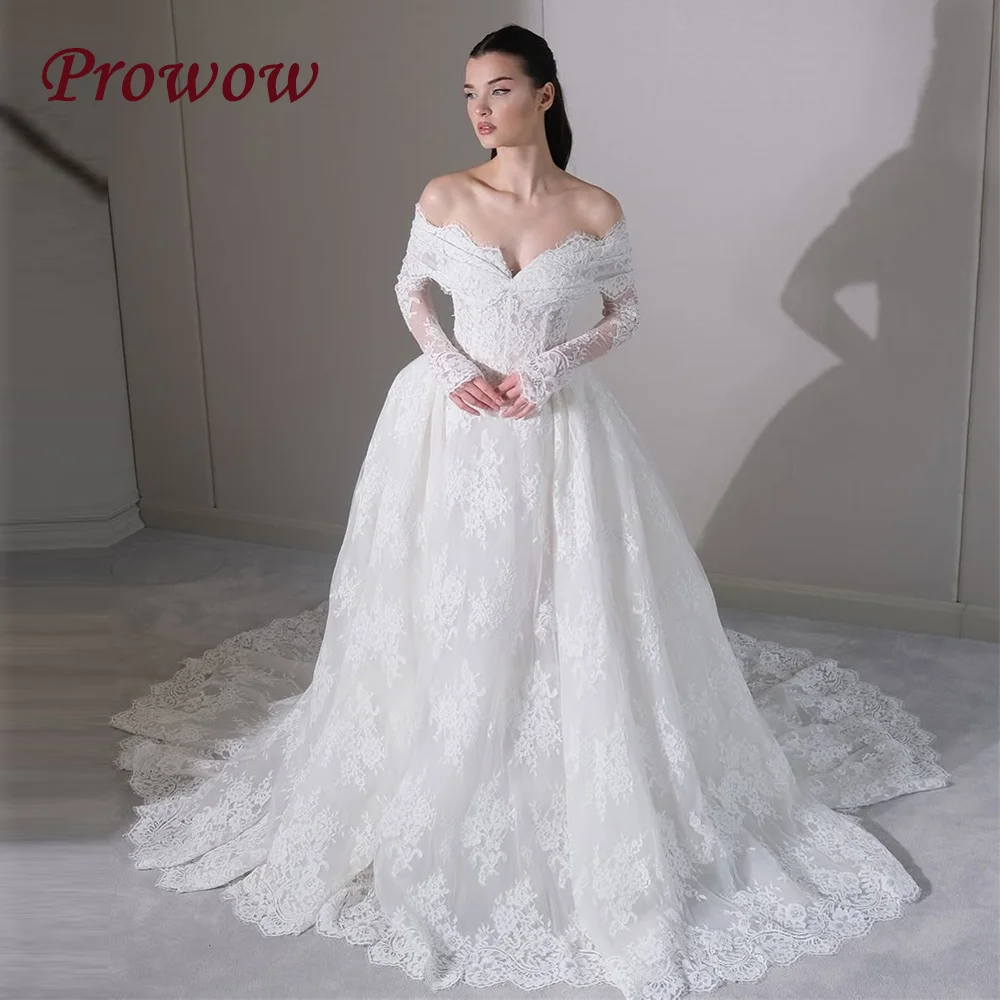 

Prowow Luxury Lace A Line Wedding Dresses Off the Shoulder Full Sleeves Bridal Gowns Customized 2026 for Brides Sweep Train
