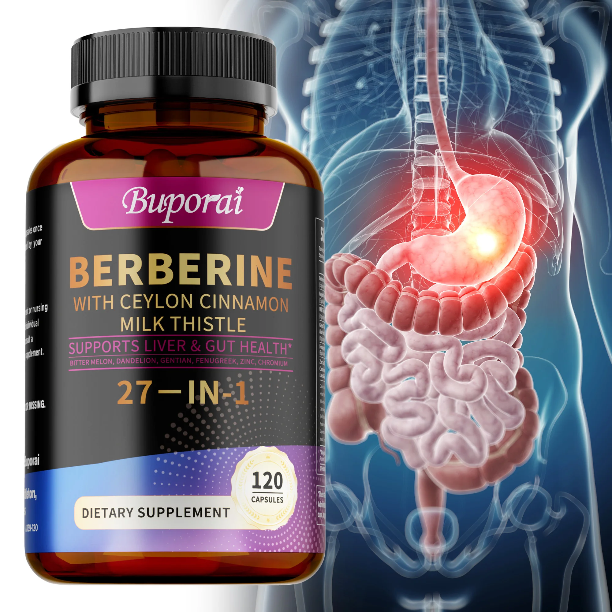 

Berberine, Ceylon Cinnamon, Milk Thistle Supplements - Antioxidant, Supports Liver and Digestive Health, Boosts Immunity