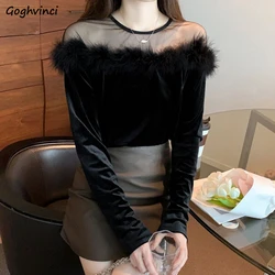 Sexy Mesh Perspective T-shirts for Women Fluffy Velour Black Tops Vintage Temperament Long Sleeve Tshirt Mujer Spliced Tees New