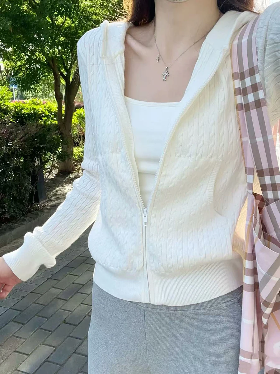 

Белые вязаные толстовки с капюшоном, кардиган, женское осеннее пальто на молнии с капюшоном и длинными рукавами, милые однотонные свитера в консервативном стиле, топы