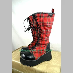 Lady red plaid color design punk stivali con plateau al ginocchio stivali in metallo calzature colore taglia 46 stile elegante Y2K Mary Janes stivali