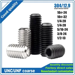 10pc UNC/UNF 10#-24/32 1/4-20/28 to 1/2-13 304 Stainless 12.9 Black Steel Hex Hexagon Socket Allen Cup Point Grub Bolt Set Screw