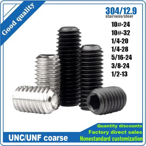 10 piezas UNC/UNF 10 # -24/32 1/4-20/28 a 1/2-13 304 Acero inoxidable 12,9 Negro Hexágono Socket Allen Cup Point Grub Bolt Tornillo de fijación