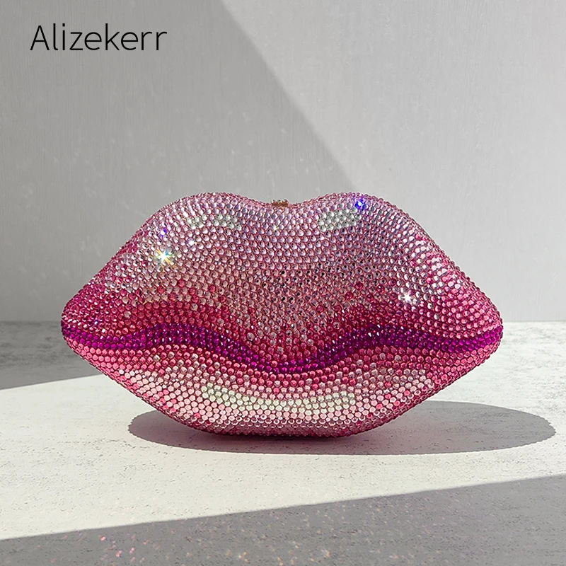 Alizekerr Lip Shaped Crystal Evening Bags Women Luxury Designer Gorgeous Unique Diamond Clutch Purses And Handbags Wedding Party