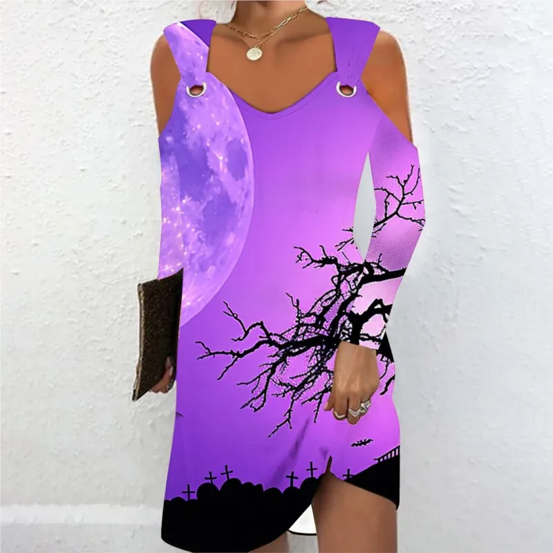 Vestidos For Women New Halloween Print Slim Off spalla moda Sexy Casual elegante Vintage Festival Dress Up Lady 2024 Summer