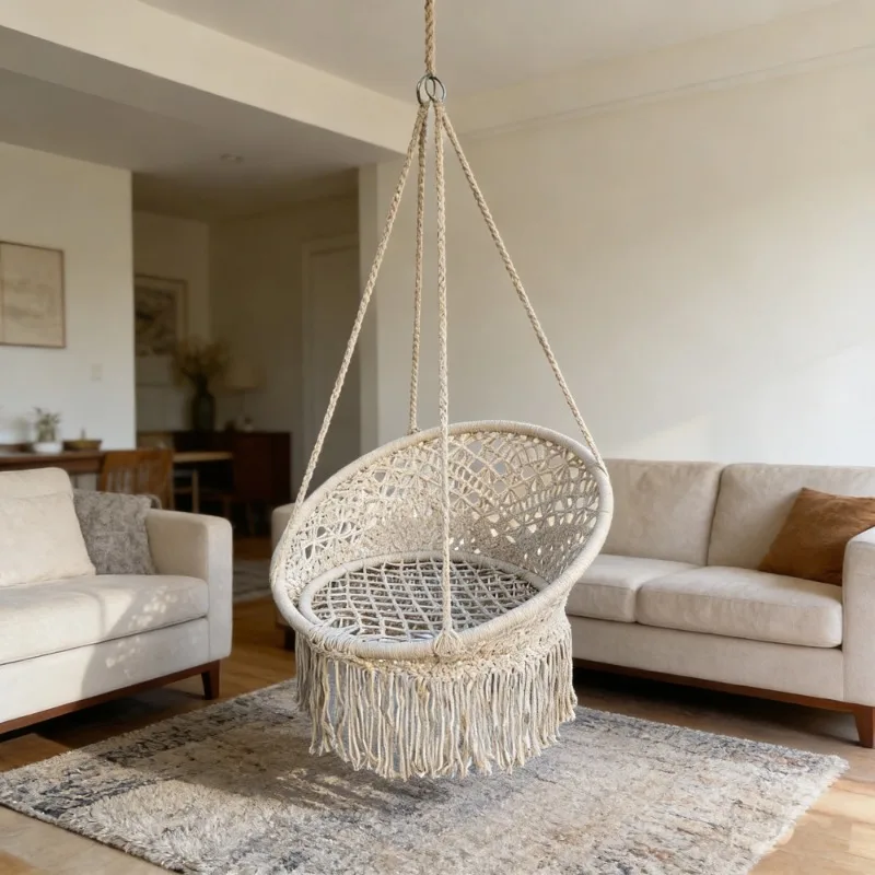 Macrame Hanging Swing Chair with Tassels Outdoor Balcony Rattan Egg Hammock Porch Patio Cradle Seat Boho Garden Hanging Chair