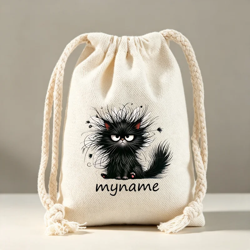 Black Cat Canvas Drawstring Bag Custom Name Cartoon Cat Print Cotton Storage Pouch Gift Bag for Women Girls Draw String Bags
