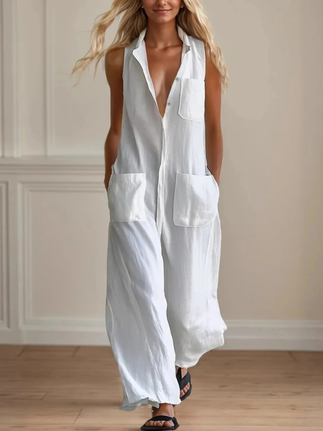 

Летний женский комбинезон 2026: свободный крой, цветной, повседневный, с воротником, низкая талия, длинные брюки, тонкий полиэстер, для работы и отдыха