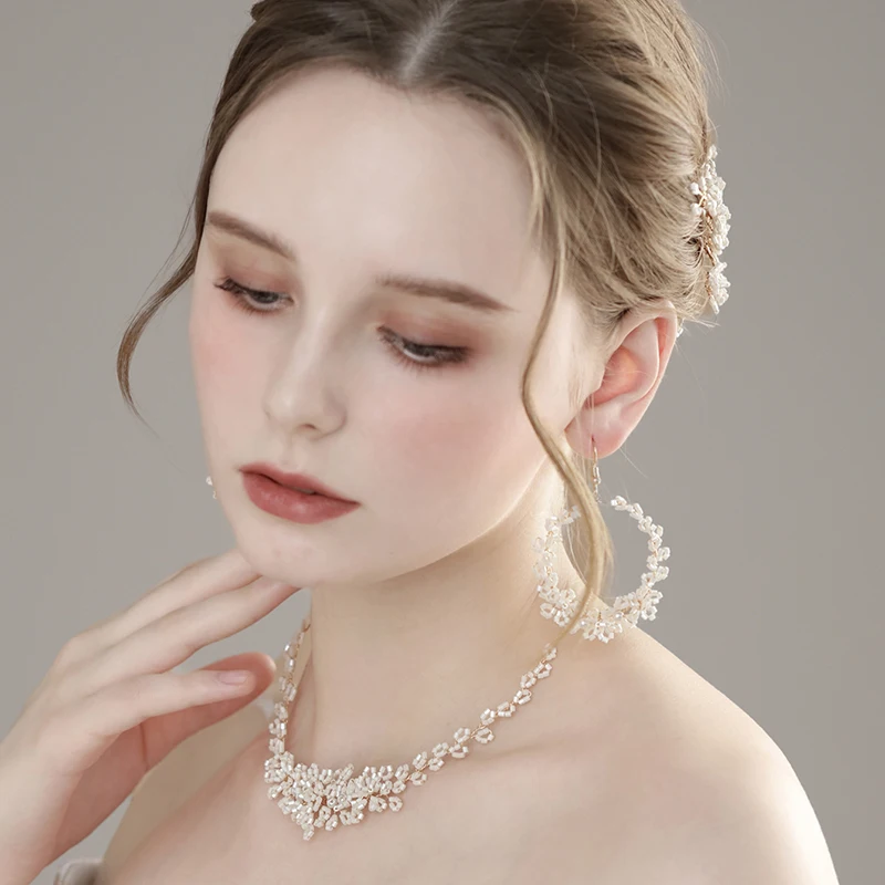 Romatic Beads Floral Bridal Hair Clip Piece with Earrings Gold Color Wedding Prom Girls Headpiece Jewelry