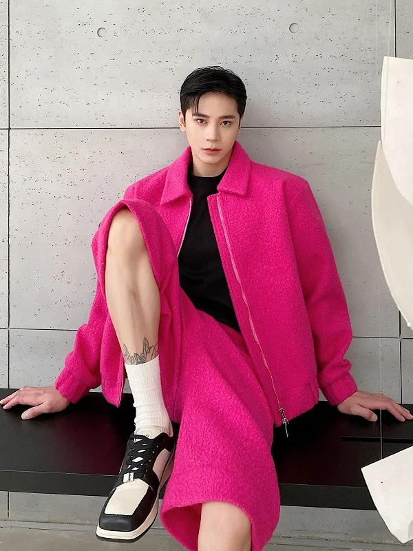 

Зимняя утепленная шерстяная мужская куртка с коротким воротником, ретро-стиль, модная, простая, розовая, на молнии, кардиган, молодежная, стильная