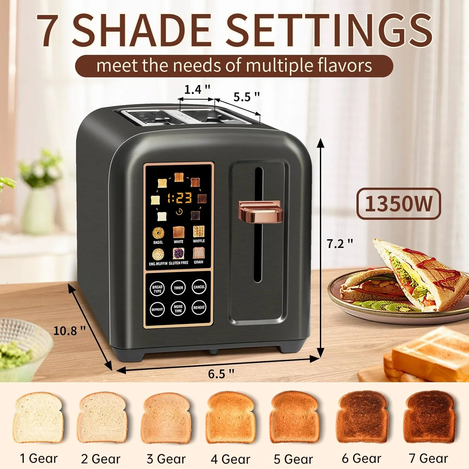 Stainless Toaster LCD Display&Touch Button,50% Faster Heating Speed,4 Basic+More Timer Functions,Removable Crumb Tray