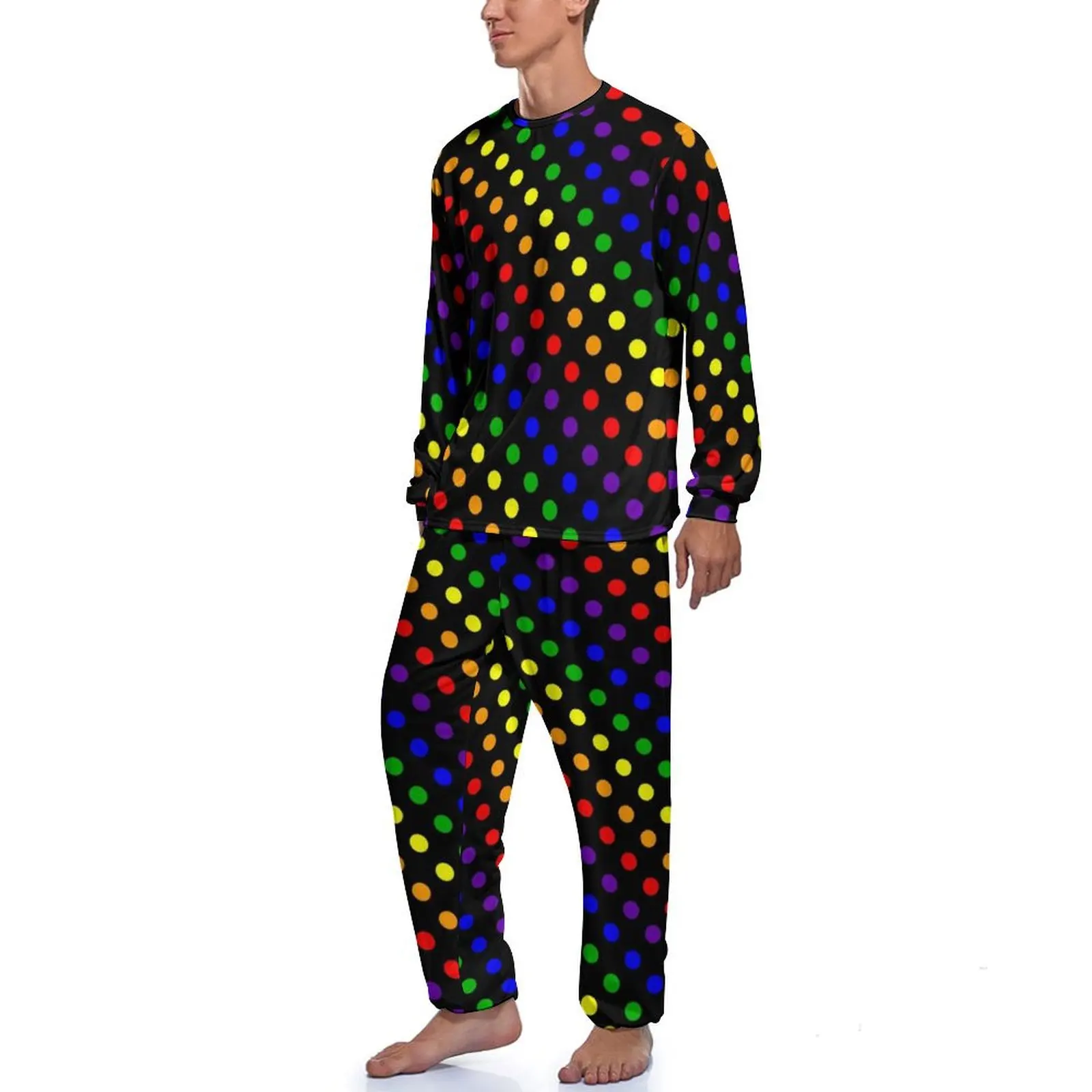 Colorful Polka Dot Print Pajamas Daily 2 Piece Rainbow Dots Bright Lovely Pajamas Set Male Long Sleeves Casual Graphic Nightwear