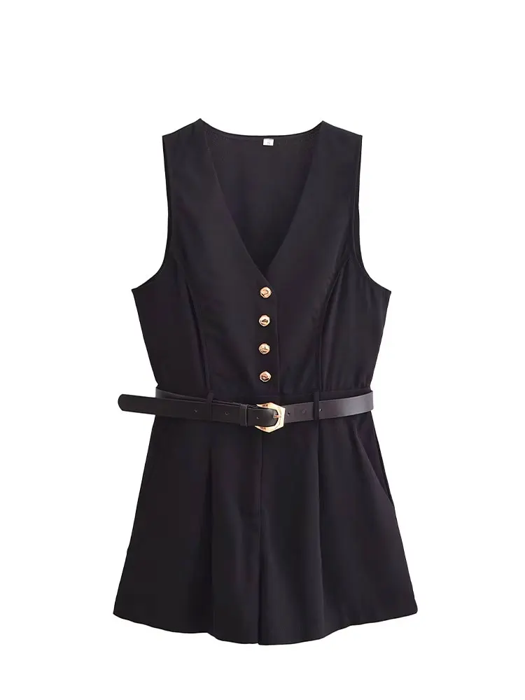 HH Summer Women Sleeveless Side Zipper Belt Decorate Short Jumpsuit Female Fashion Black Single-breasted V-Neck Jumpsuit
