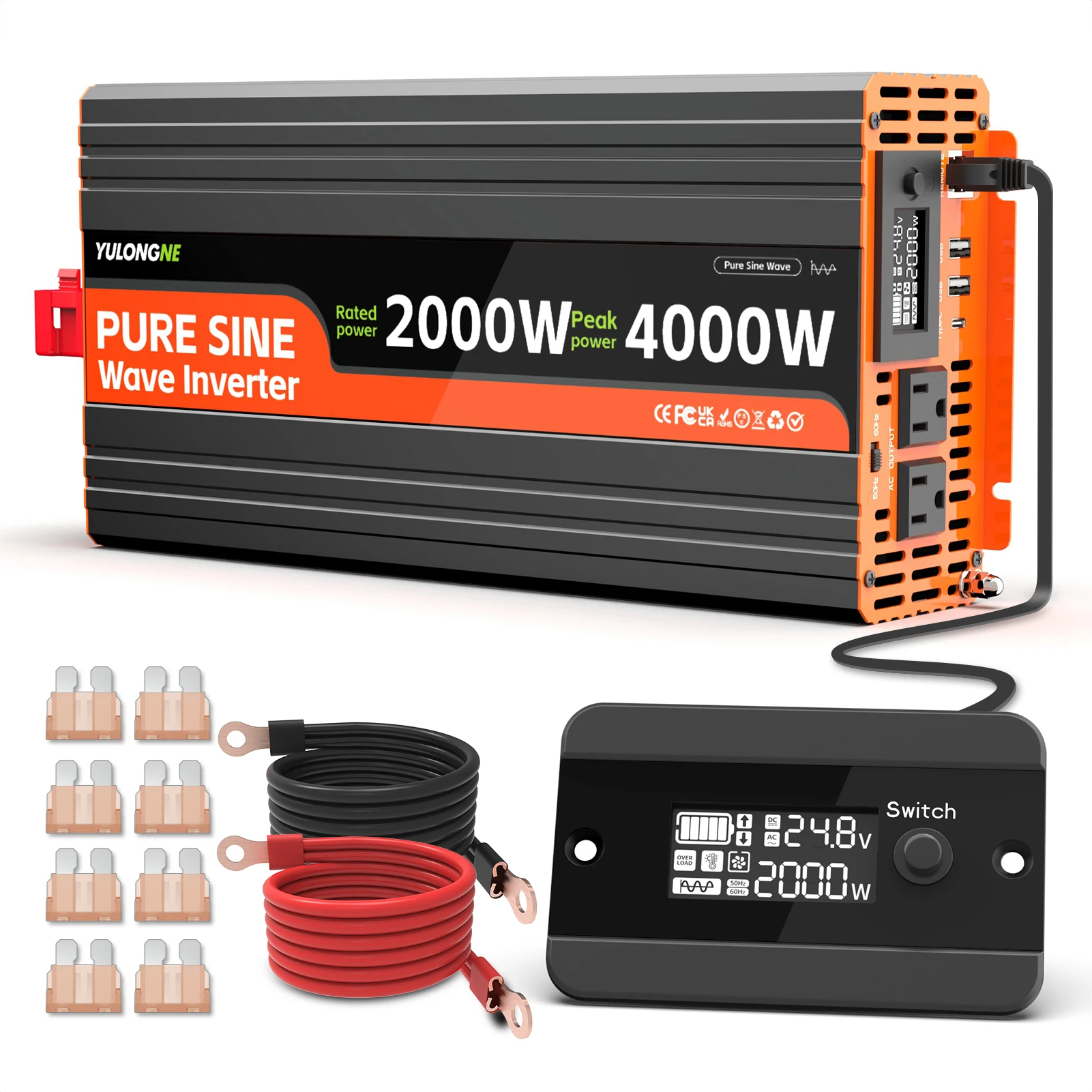 YULONGNE 4000W Pure Sine Wave Inverter DC24V to 110V AC, NEMA US Sockets, Multi USB Charging Ports, Wired LCD Remote Control, Smart Variable Speed Cooling Fan, Solar Off-Grid RV Camper Van Emergency Blackout Power Supply