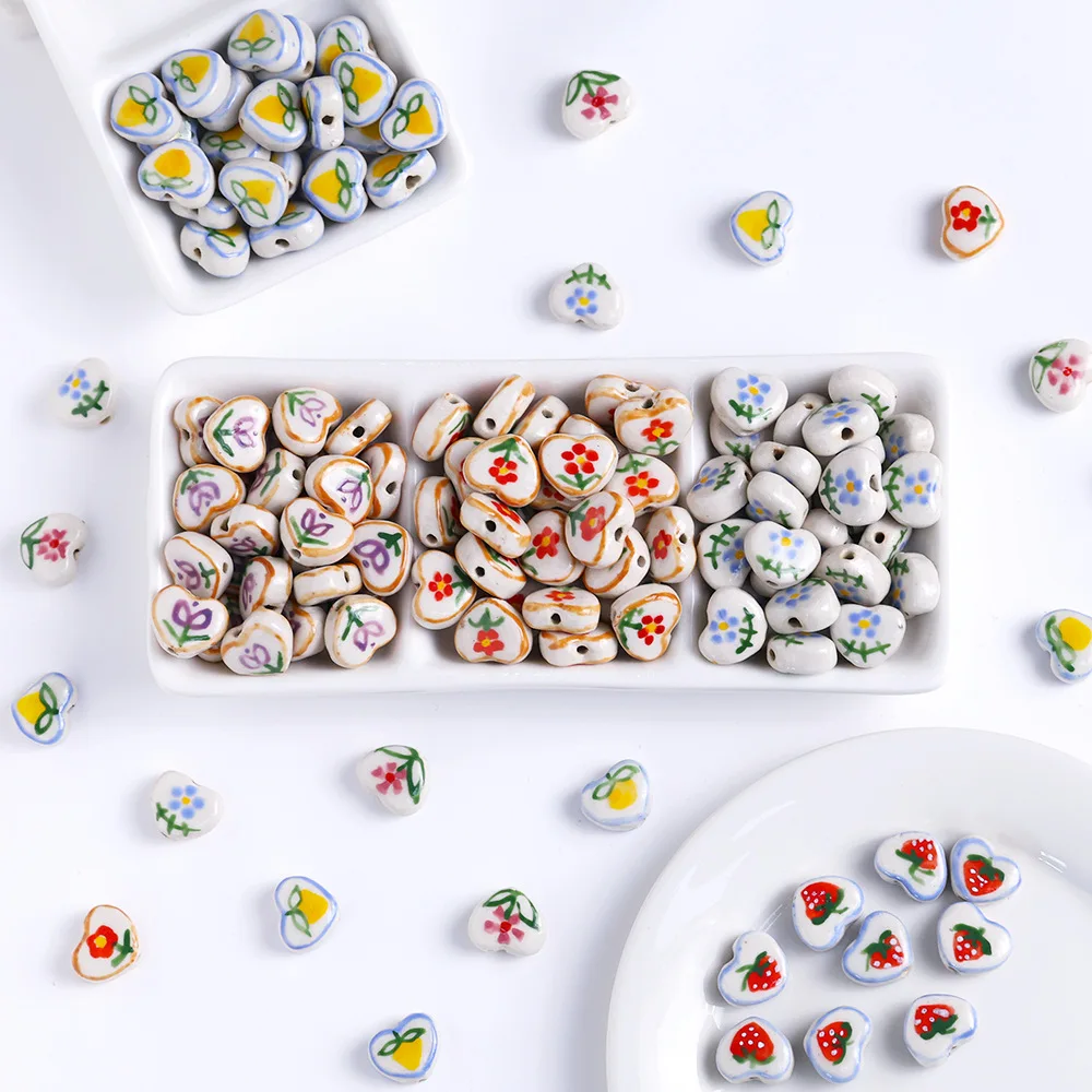 5PCS Heart-shaped Ceramic Hand-painted Flower Beads For Jewelry Making Interval Beads Necklace Bracelet Craft DIY Supplies