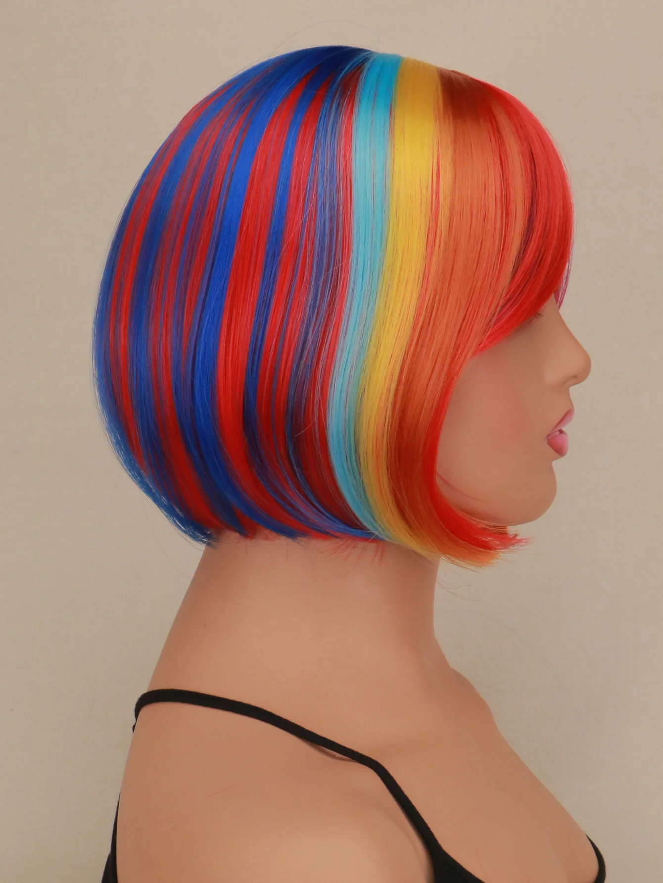 Krótkie tęczowe peruki bob z grzywką, krótkie proste peruki dla dziewczynek, kolorowe, urocze peruki kostiumowe z włosów syntetycznych.