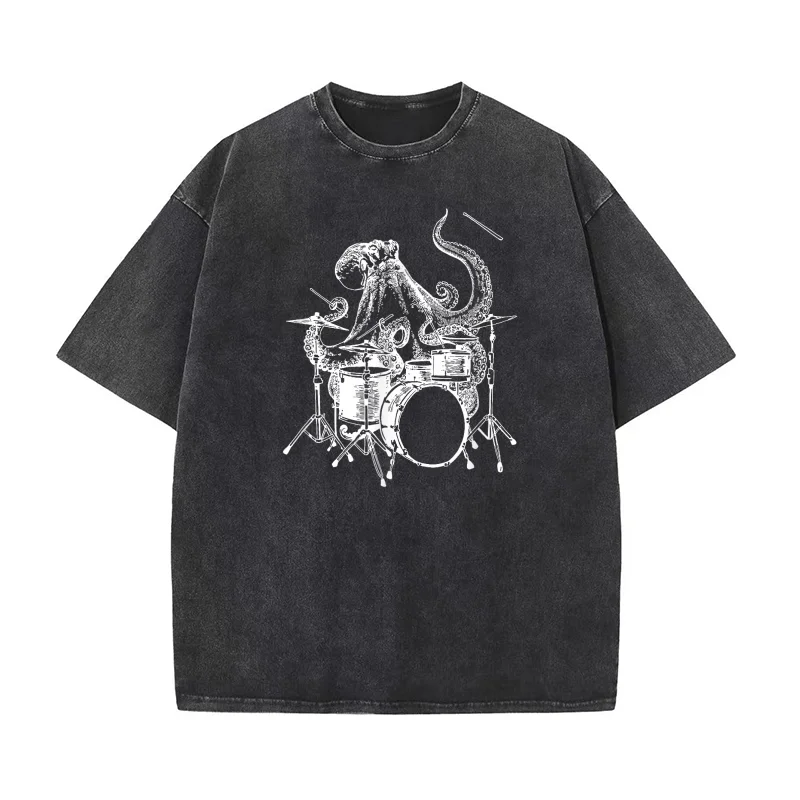 

Octopus Playing Drums Funny Beach Drummer Cool Rock Musician T-shirt Men's Tee Shirt Short Sleeve Male Clothes Fashion