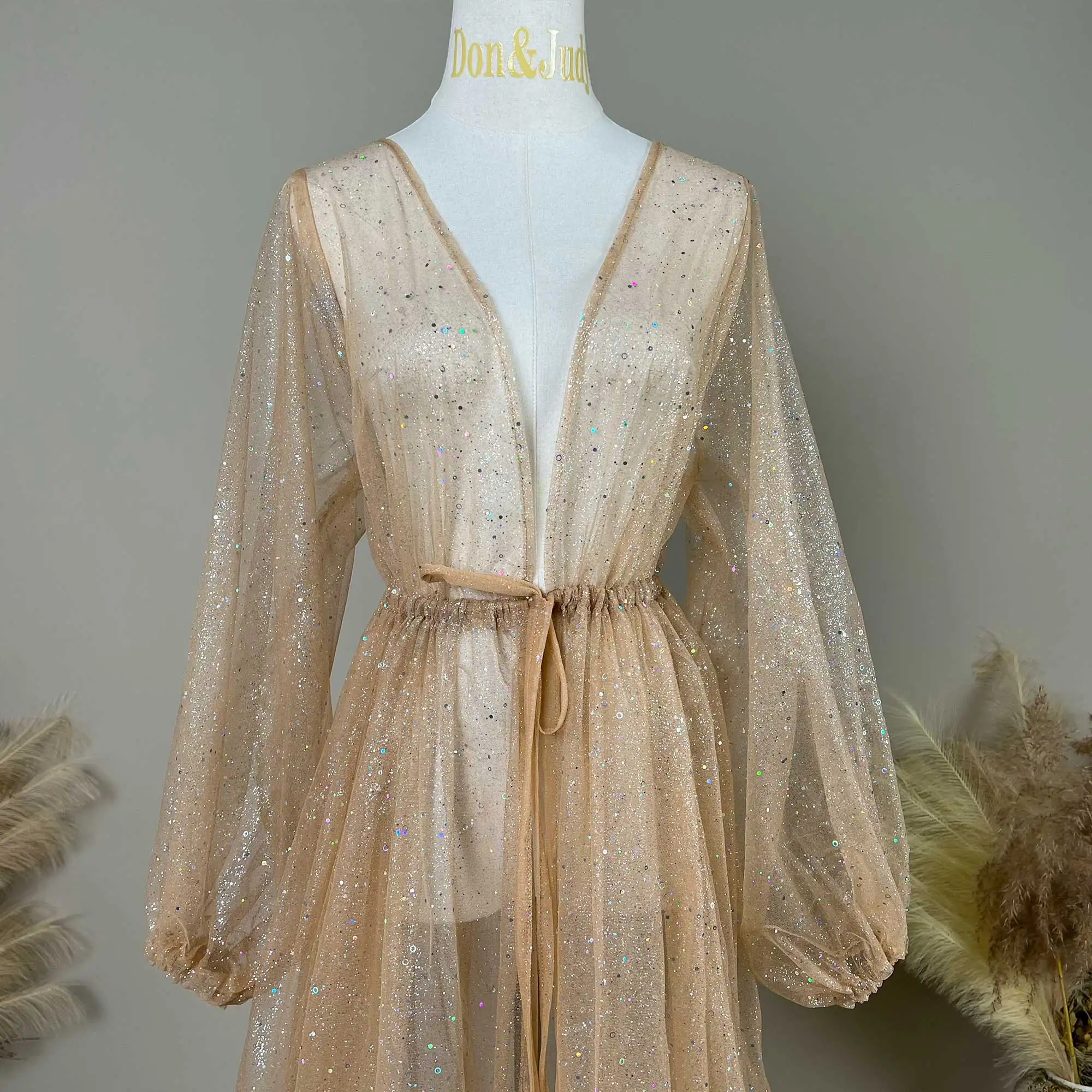 Don&Judy Handmade Sequin Tulle Long Sleeve Open Front Maternity Dress Baby Shower Gown for Maternity or Non-maternity Props