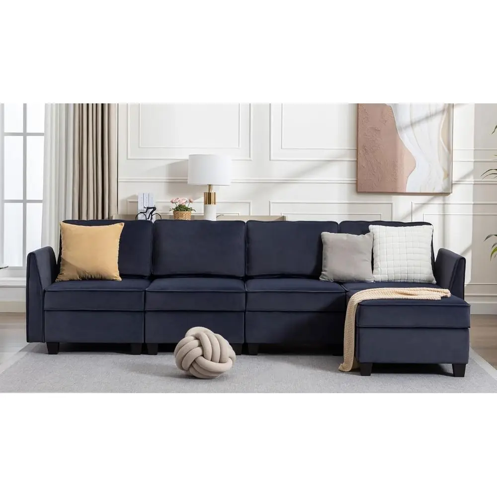 

Синий велюровый 5-местный угловой диван-шезлонг с отсеком для хранения и увеличенным L-образным дизайном для гостиных и офисов