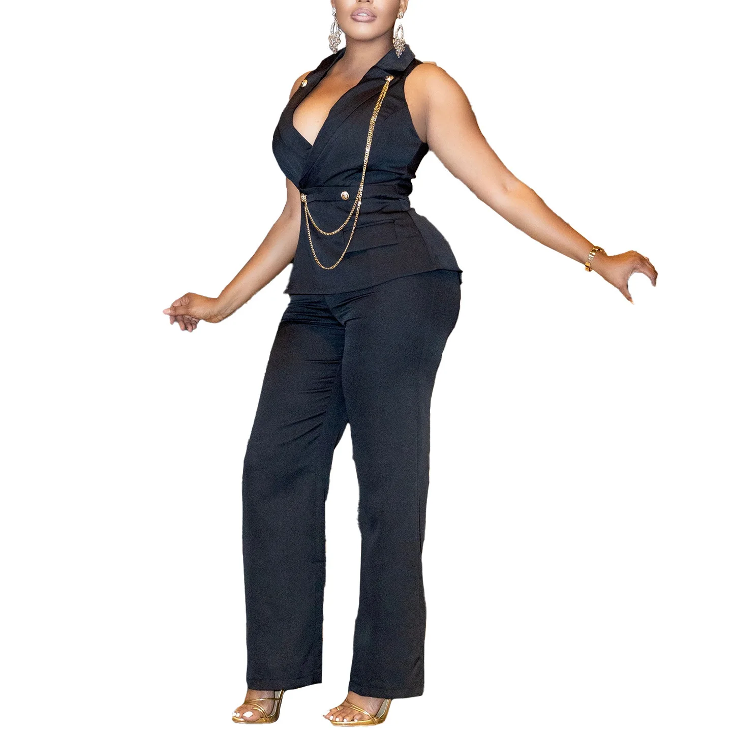 بالإضافة إلى حجم المرأة بذلة مثير Faion سلسلة عارضة واسعة الساق الريكية قطعة واحدة عالية الخصر السراويل الطويلة نسيج البوليستر #4