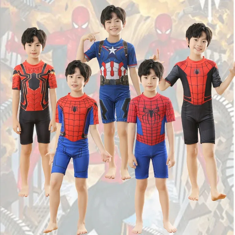qq28LQSpiderman Children Swimwear Cosplay Far From Home The Amazing Iron Man BoysTo Beachwear Surfing Swimsuit Bathing Set Wetsu