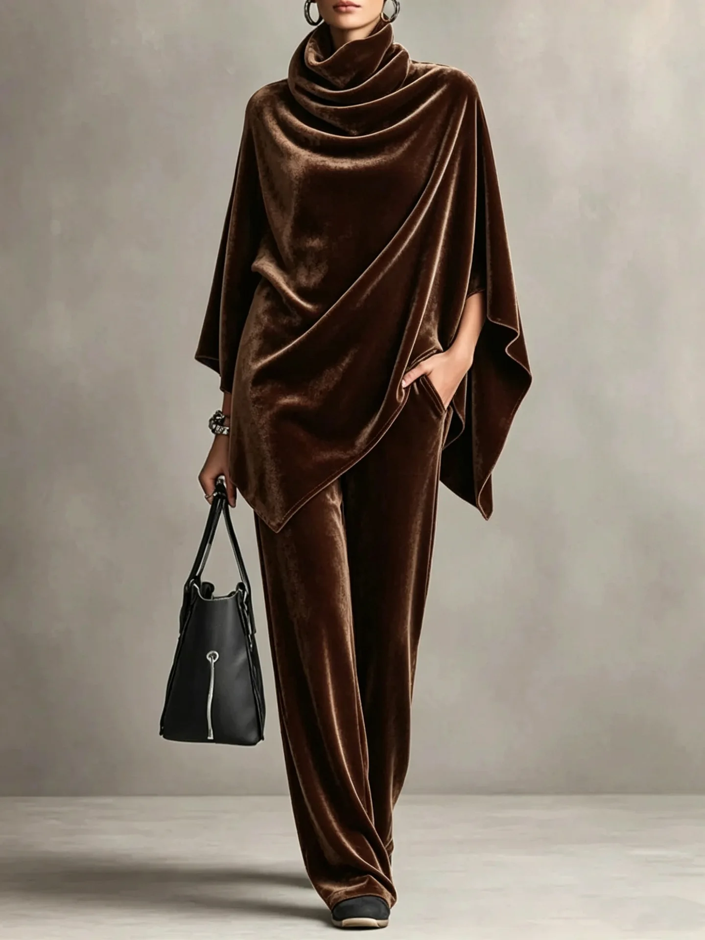Damen Samt 2-Teiliges Outfit mit Stehkragen, Unregelmäßigem Saum, Umhang-Oberteil, Weiten Hosen, Elegantes Loses Velours-Zweiteiler-Set mit Taschen