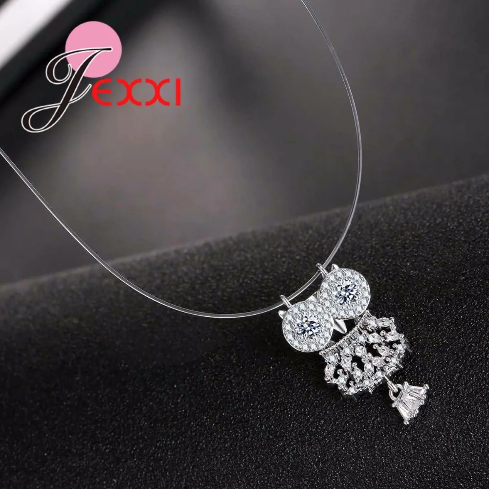 925 Sterling Silver Color Color Dazzling Zircon Owl Pendants Necklace And Invisible Transparent Fishing Line Necklaces Jewelry