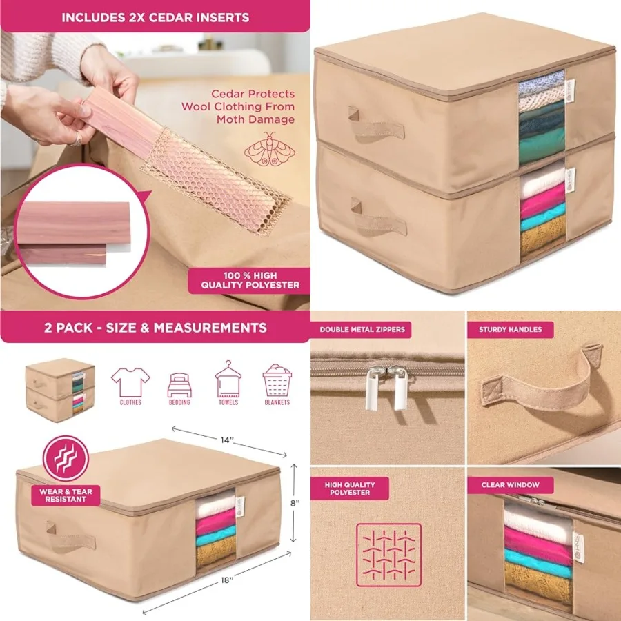 

Cedar Clothes Storage Bag Organizer Protects from Moths, Moisture, Dirt and Dust Set of 2 Underbed Storage Bags for Clothes, Ca
