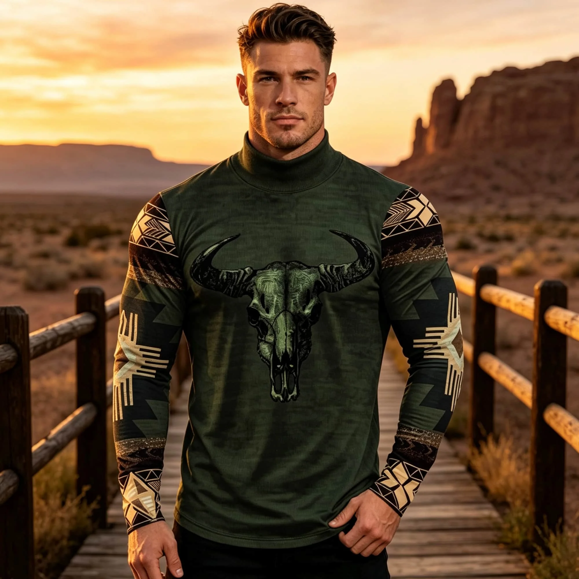 Vintage Western Cowboy Men's Mock Neck Top Bull Skull Graphic Ethnic Geometric Sleeve Design Long Sleeve Pullover For Autumn