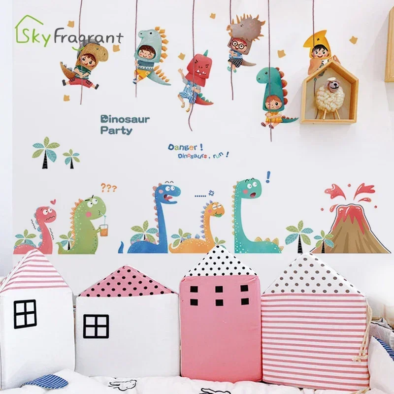 Fun Dinosaur Wall Stickers For Kids Rooms Child Bedroom Wardrobe Cute Home Wall Decoration Self Adhesive Sticker Wallpapers