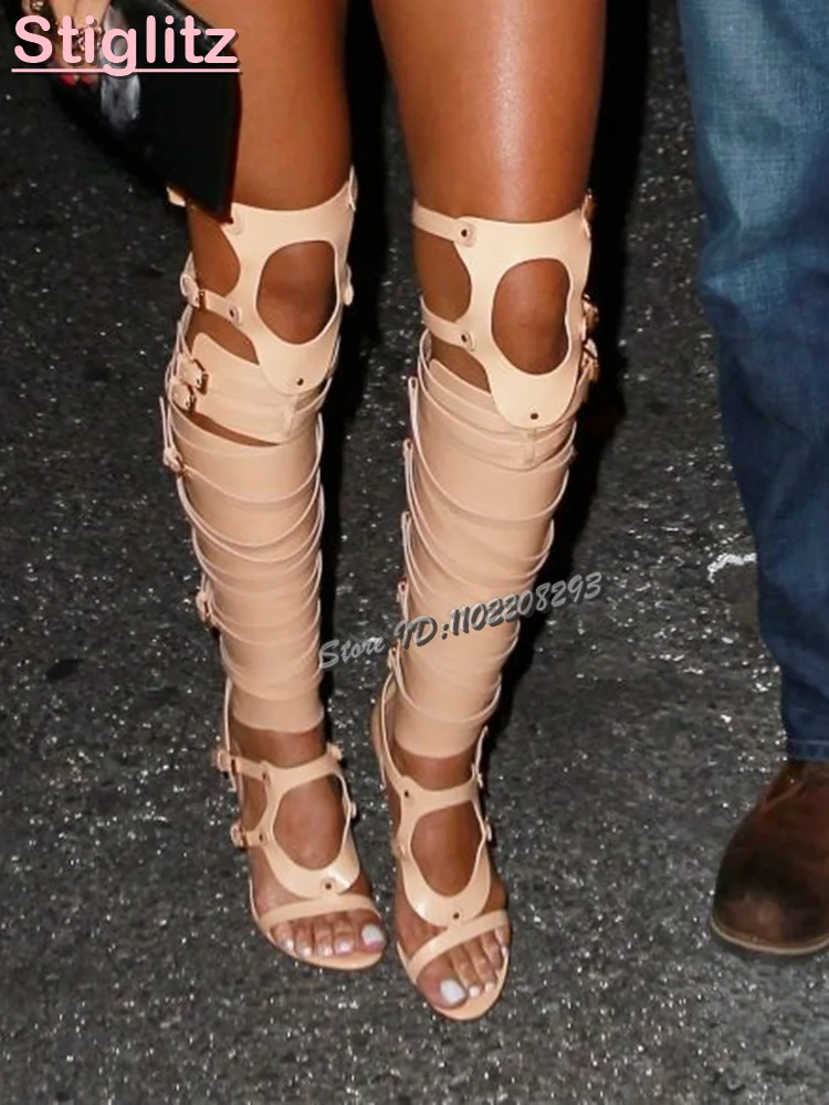 

Solid Multi-strap Hollow Sandals Round Toe Summer Knee-high Boots Sexy Buckle Straps Fashion High Heels Women Roman Shoes 2025