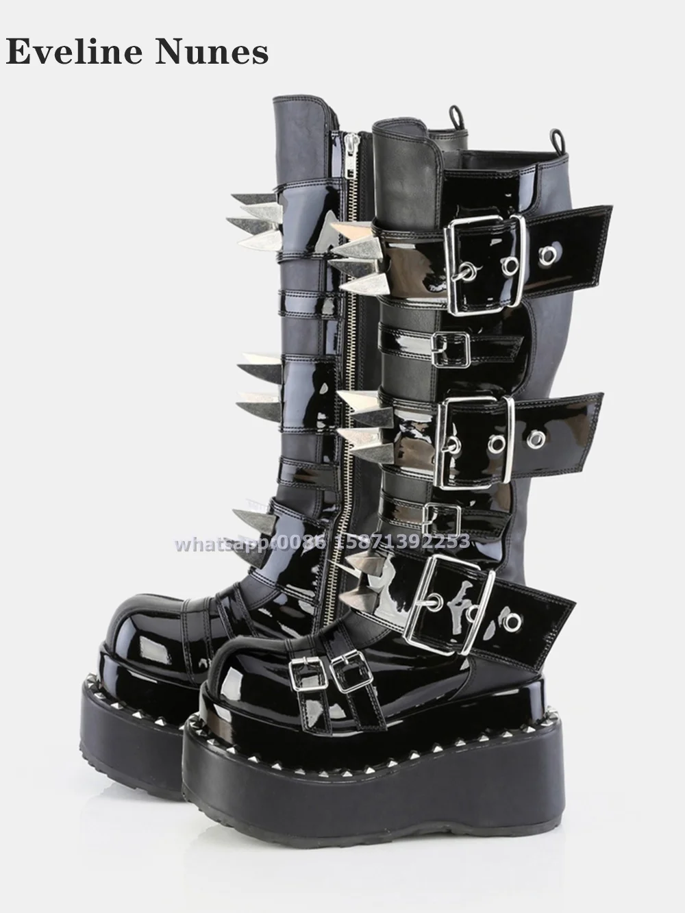 

Belt Buckle Spike Rivet Platform Motorcycle Boots Round Toe Thick Sole Side Zipper Punk Knee High Boots Heavy Work Gothic Style