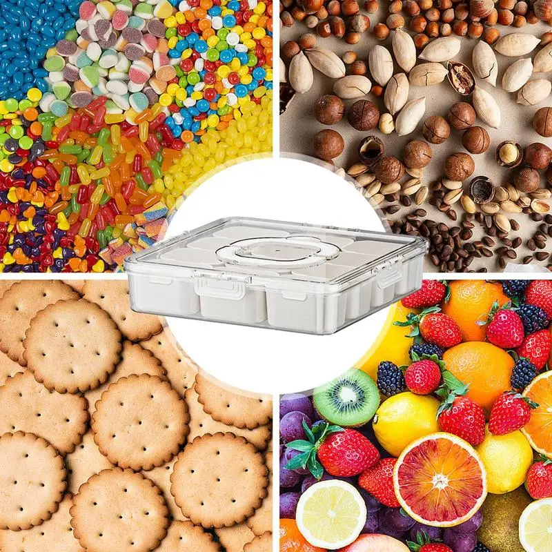 Conteneurs de paquet de collations, boîte de rangement de collations avec couvercle et poignée, plateaux à 12 compartiments pour servir des aliments, légumes, fruits, bonbons, noix