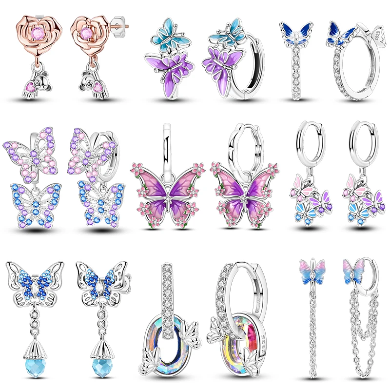 

Butterfly Series Earrings For Women 925 Sterling Silver Pink Bear Double Hoop Earring Fine Birthday Jewelry Valentine's Day Gift