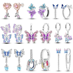 Butterfly Series Earrings For Women 925 Sterling Silver Pink Bear Double Hoop Earring Fine Birthday Jewelry Valentine's Day Gift