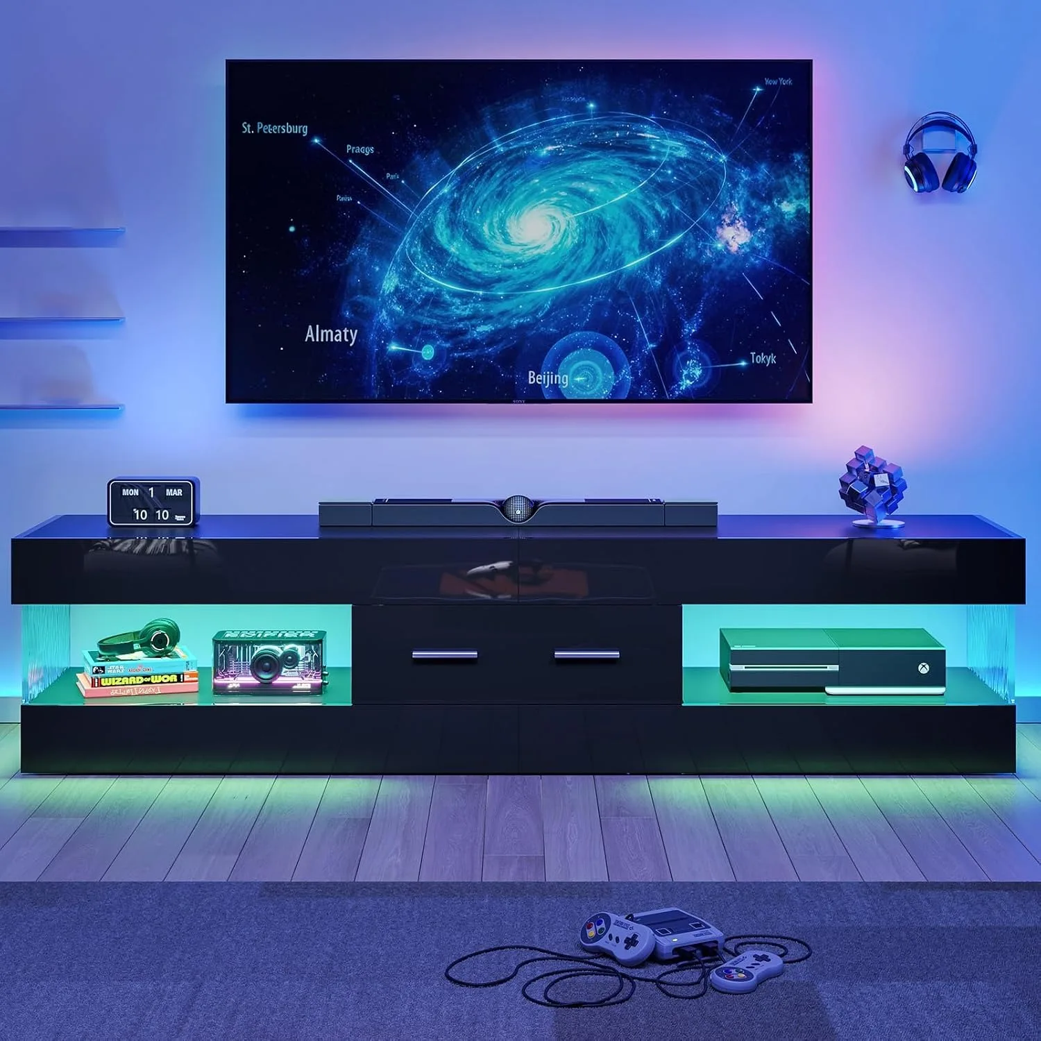 67 Inch High Gloss LED TV Console Fits 55-75 Inch TV With Stone Pattern Cabinet Doors, Custom