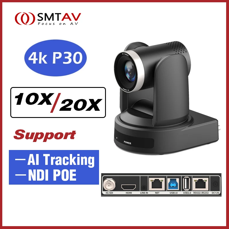 SMTAV AI Tracking 4K NDI 10X/20X Conference Camera SDI USB PTZ Camera HDMI IP Live Streaming Support POE for Church Meeting