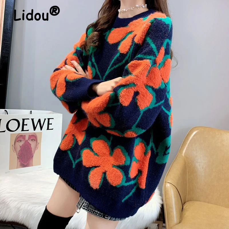 

Winter Basic Knitted Sweater Women O Neck Printed Pullover 2022 Autumn Korean Loose Casual Long Sleeve Sweaters Female Tunic Top