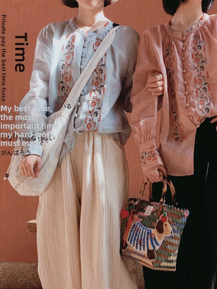 

High-End Retro Embroidered Long Sve irt Women's Ethnic Sle Spring 2025 New Flax Material Loose Fit round Ne Button up