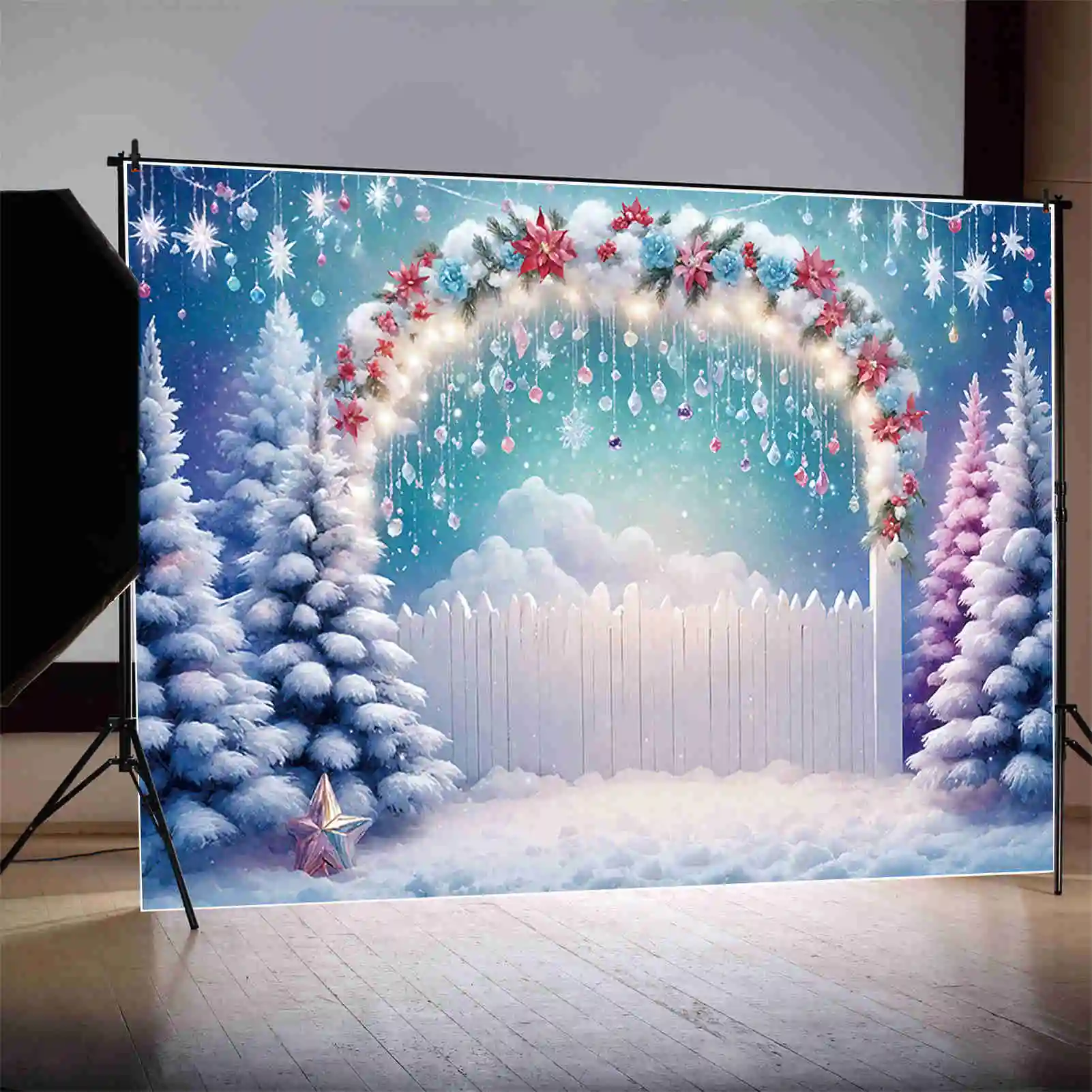 MOON.QG Christmas Tree Arch Christmas Trees Backgrounds Snow Winter Wood Fence Pine Frozen Backdrops Party Photozone Accessories