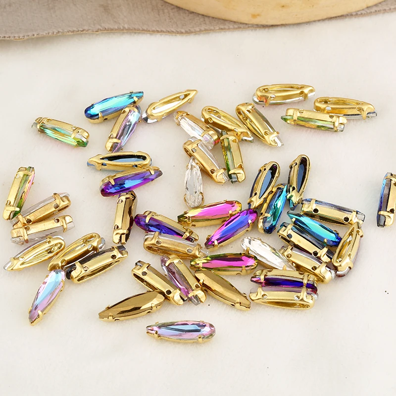 RESEN 4x15mm 20pcsSharp Teardrop Sew On Crystal Stone Gold Brass Claw Setting Colorful Glass Rhinestone for Sewing Garment Craft