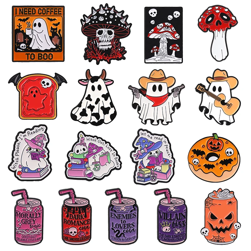 Halloween Series Enamel Pins Witch Ghost Reading Spooky Pumpkin Skull Dark Romance Weird Mushrooms Brooches Jewelry Gifts