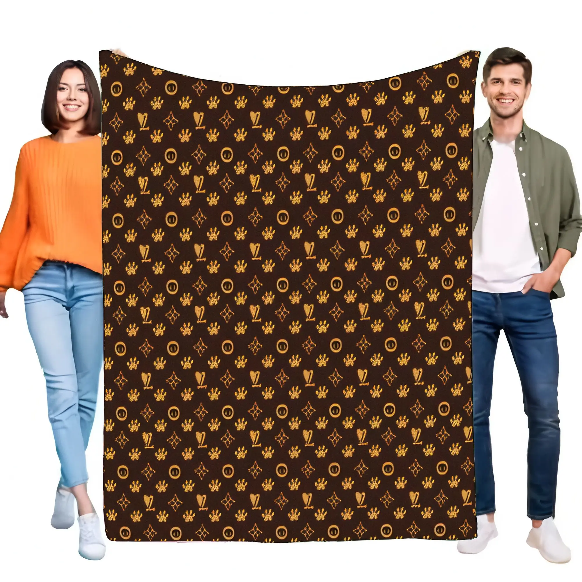 Stylish LV Patterned Blanket Brown Gold Beige Icons Soft Cozy Throw for Home Decor Perfect for Picnic or Sofa Use Fashionable Gi