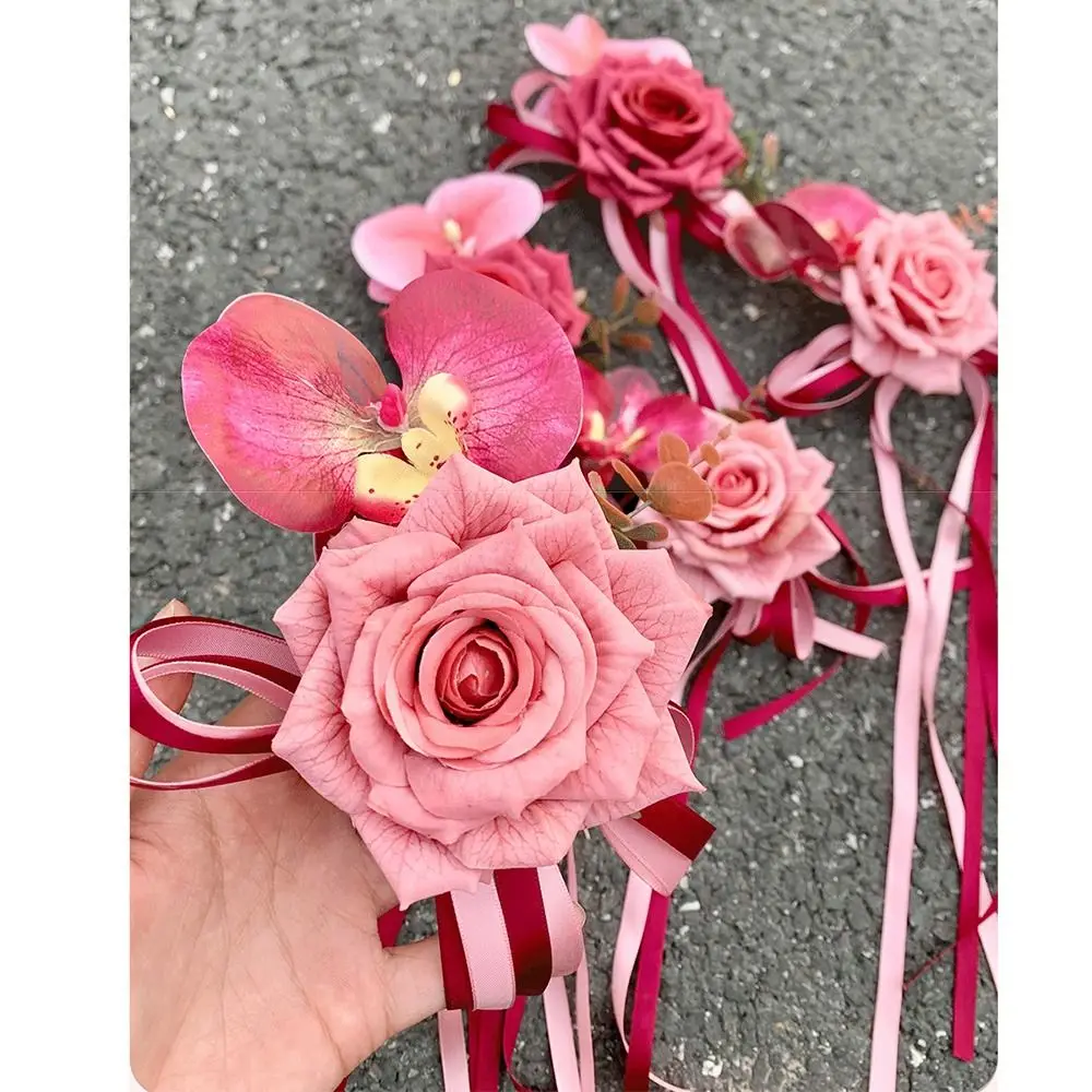 2개입 흡착식 리본 웨딩카 꽃 인공 시뮬레이션 웨딩 장식 재사용 가능한 리본 신부차 장식 홈