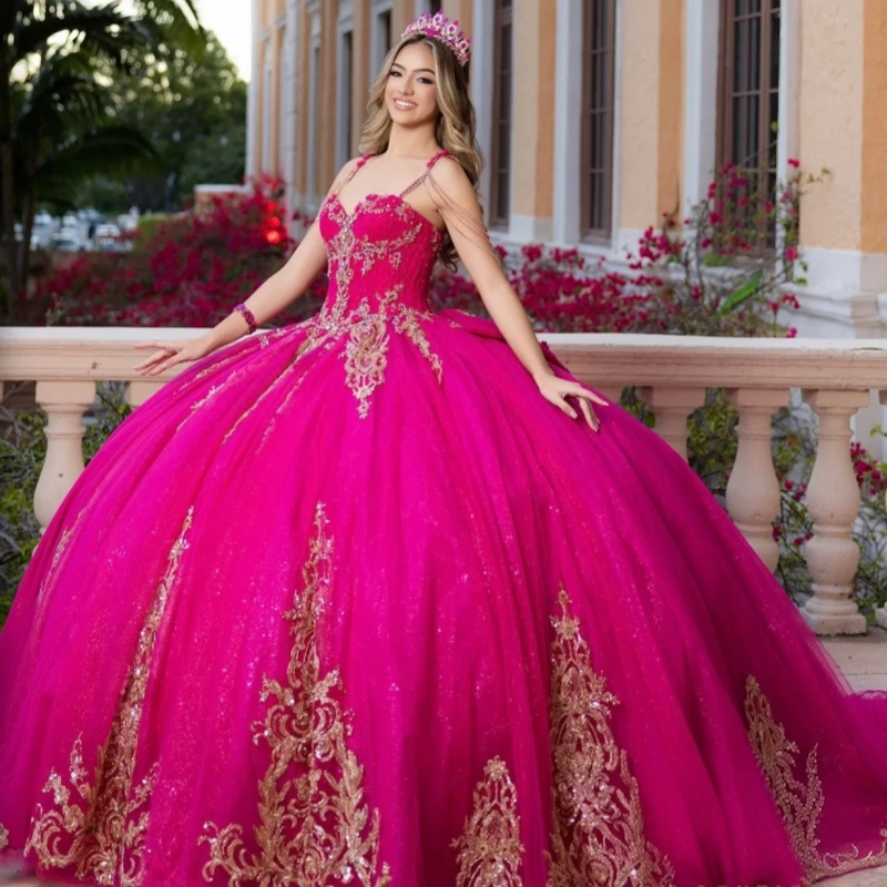 Rose Red Glitter Quinceanera Dresses Off Shoulder Ball Gown Sweet 16 Dress Gold Applique Lace Beading Bow Tull Corset Birthday