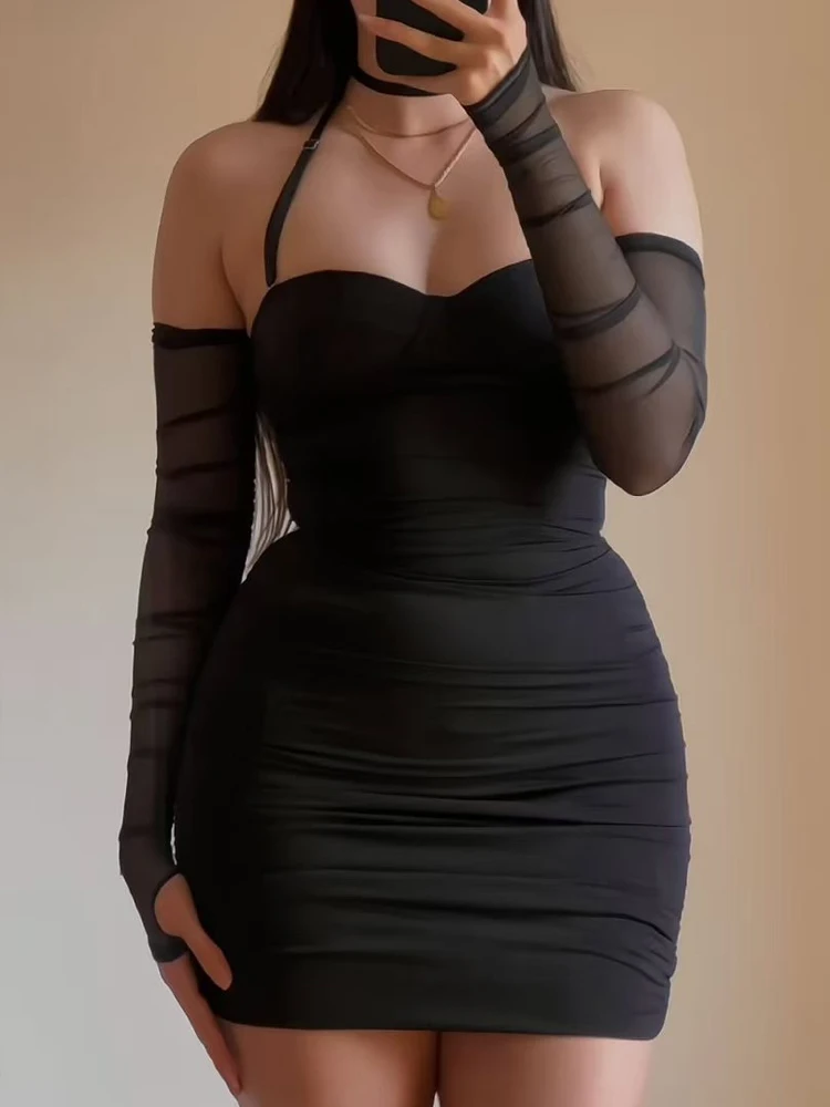 Abito aderente a maniche lunghe in rete trasparente nera sexy con spalle scoperte Mini abito da club con scollo all'americana Abiti da cocktail party da sera slim fit