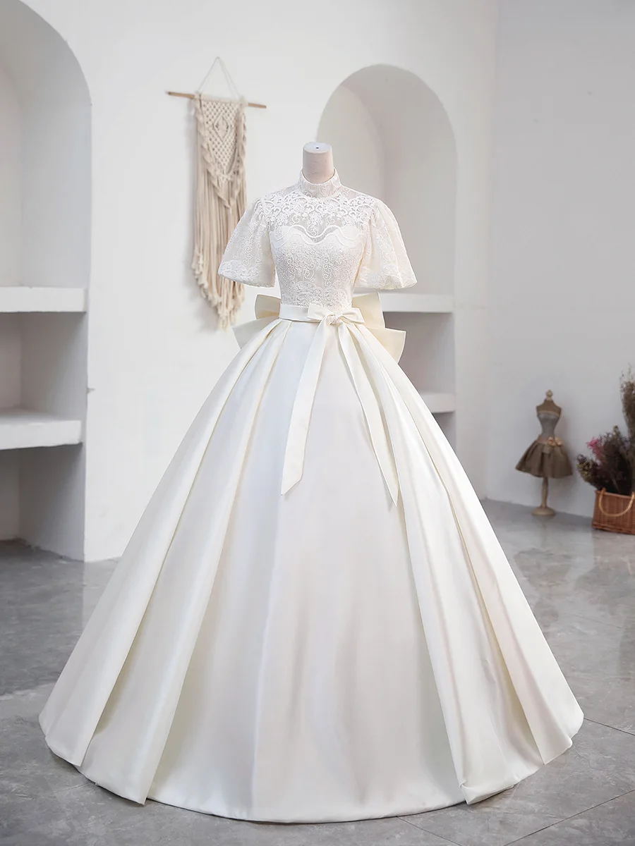 Luxo Satin Ball Gown com destacável Lace Jacket e Bow, vestido nupcial árabe, vestidos de casamento, Imagem Real