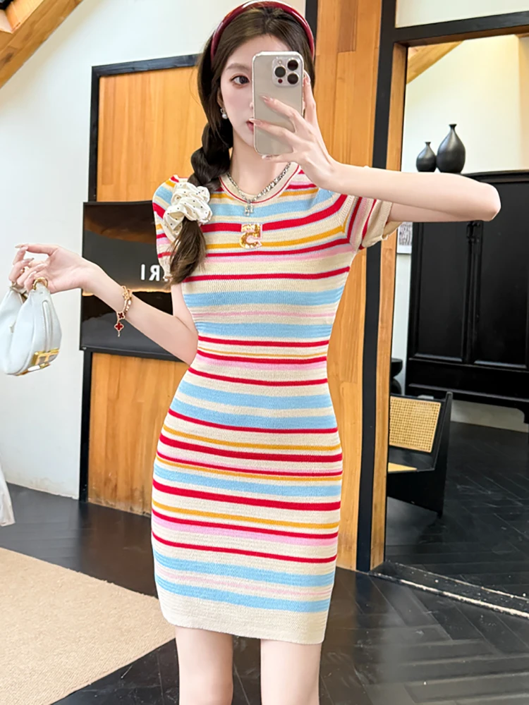 فستان صيفي قصير محبوك بأكمام قصيرة فستان نسائي أنيق غير رسمي كاواي 2025 فساتين حفلات أنيقة على الموضة الكورية