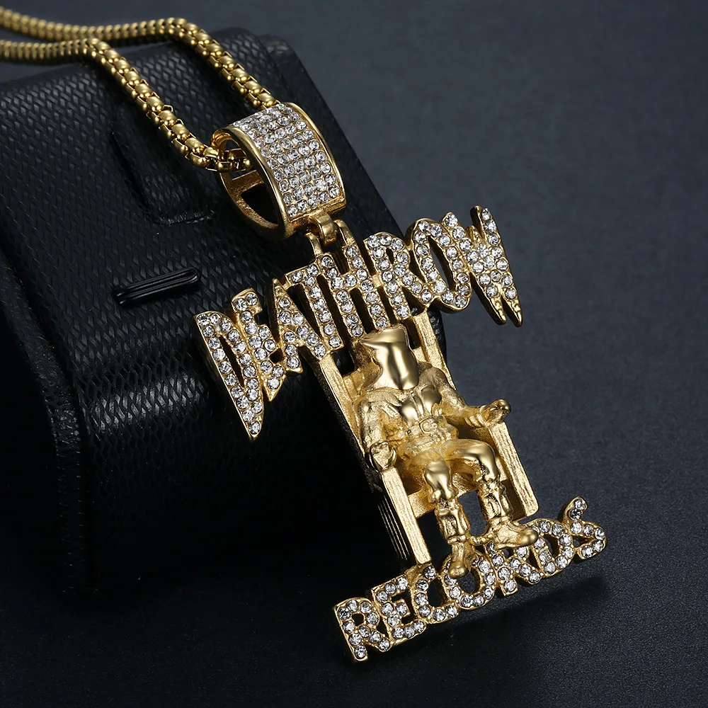 Hip Hop Zircon Iced Out Pendant Necklace DEATH ROW RECORDS Stainless Steel 18K Gold Plated Crystal Jewelry for Men Gift