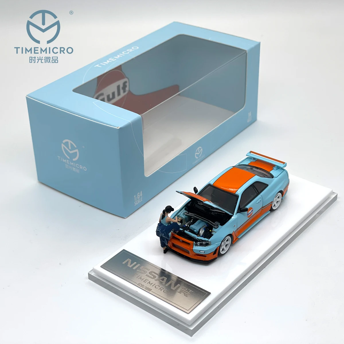 TimeMicro 1:64 Skyline GT-R R34 Gulf Livery Alloy Diecast Model Car Openable Hood With Figure Display Box In Stock Ready To Ship